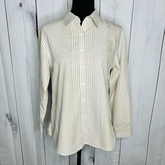 Pendleton Shaped Fit Button Up Shirt Sz 10 Petite Tan White Striped Long Sleeve - Picture 1 of 10